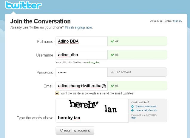twitter sign up screen